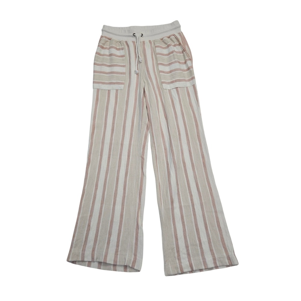 Faherty Striped Wide Leg Cotton Knit Pants Cream Pink WBU2102-DAY Small